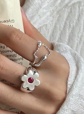 【两件包邮】甜酷花朵戒指女小众设计链条流苏双层叠戴S925镀银开