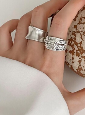 S925镀银时尚宽边几何线条缠绕戒指女个性创意气质镀银开口指环食