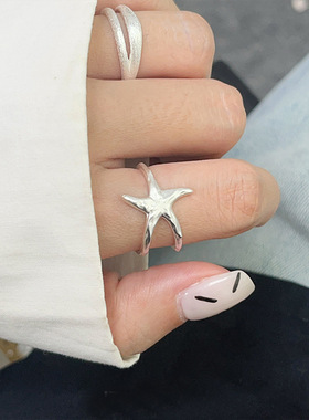 S925镀银韩版不规则星星戒指女时尚哑光冷淡风气质开口戒指小众食