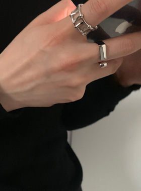 S925镀银韩版镀银感叹号戒指女复古个性栅栏拼接几何开口指环食指