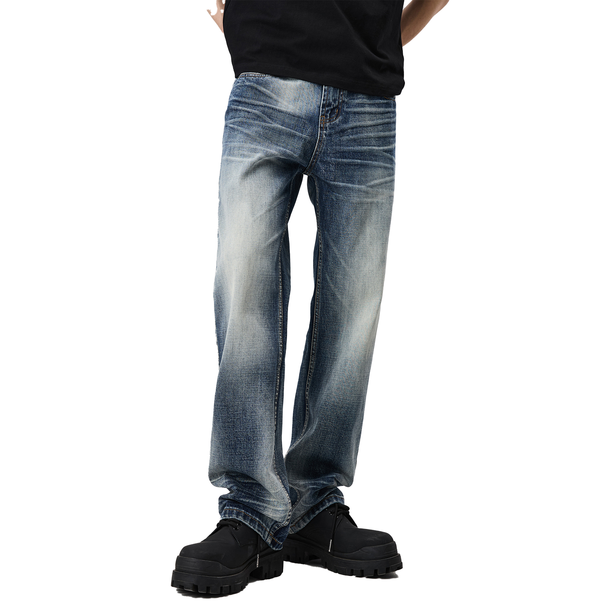 ALLIN 美式高街复古cleanfit牛仔裤男秋冬季水洗休闲直筒微喇裤子 - 图3