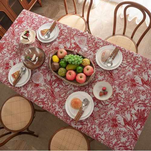 红色喜庆餐桌布圣诞节氛围感装饰长条桌布美式植物花卉茶几台布 - 图0