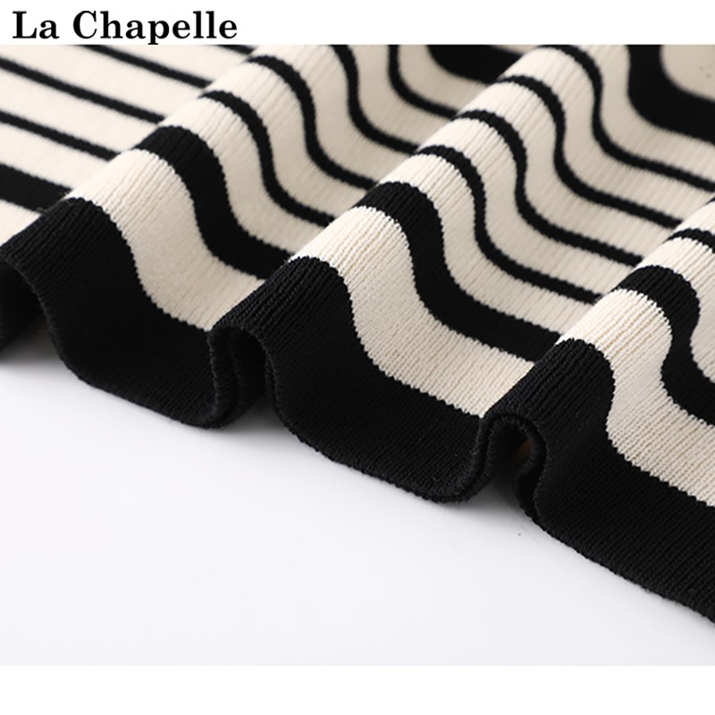 拉夏贝尔/La Chapelle夏季新款不规则条纹短袖针织衫女修身短上衣