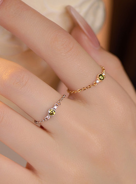 小茉莉｜S925纯银橄榄绿手指链条戒指女镀金法式复古食指环可调节