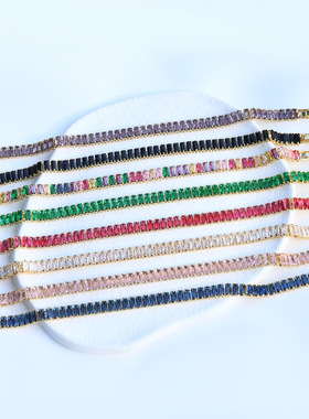 跨境货源INS风女士真金手链彩色纯色锆石满钻彩虹手链Tennis手镯