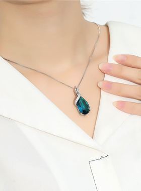 人鱼之泪项链海宝蓝新款时尚饰品水滴形宝石蓝水晶天然吊坠项坠女