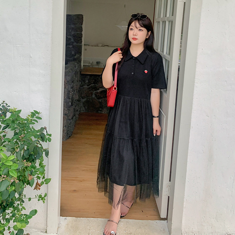 2024新款大码女装妹妹气质时尚网纱拼接衬衫领连衣裙纯色显瘦潮流