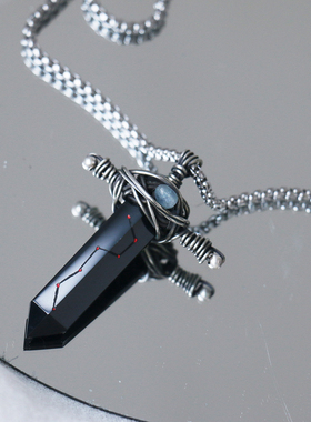 天然黑曜石海蓝宝北斗七星剑项链