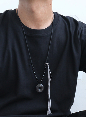 新中式天然黑曜石平安扣中性项链