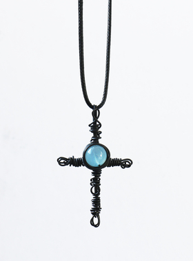 原创复古天然海蓝宝十字架项链
