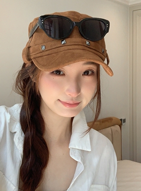 新款秋冬麂皮绒铆钉甜酷马术帽女