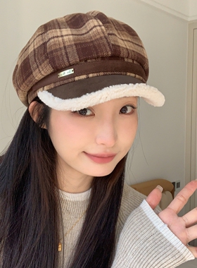 新款秋冬毛绒复古格子贝雷帽女
