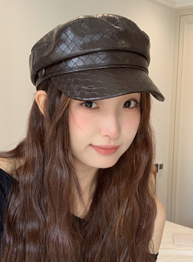 韩系新款秋冬pu皮质平顶贝雷帽女