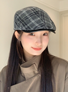 新款秋冬毛呢格纹复古前进帽女