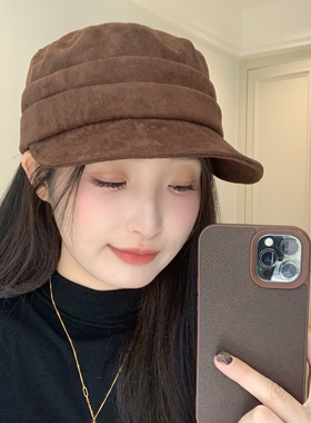 老钱风高品质麂皮绒贝雷帽女秋冬