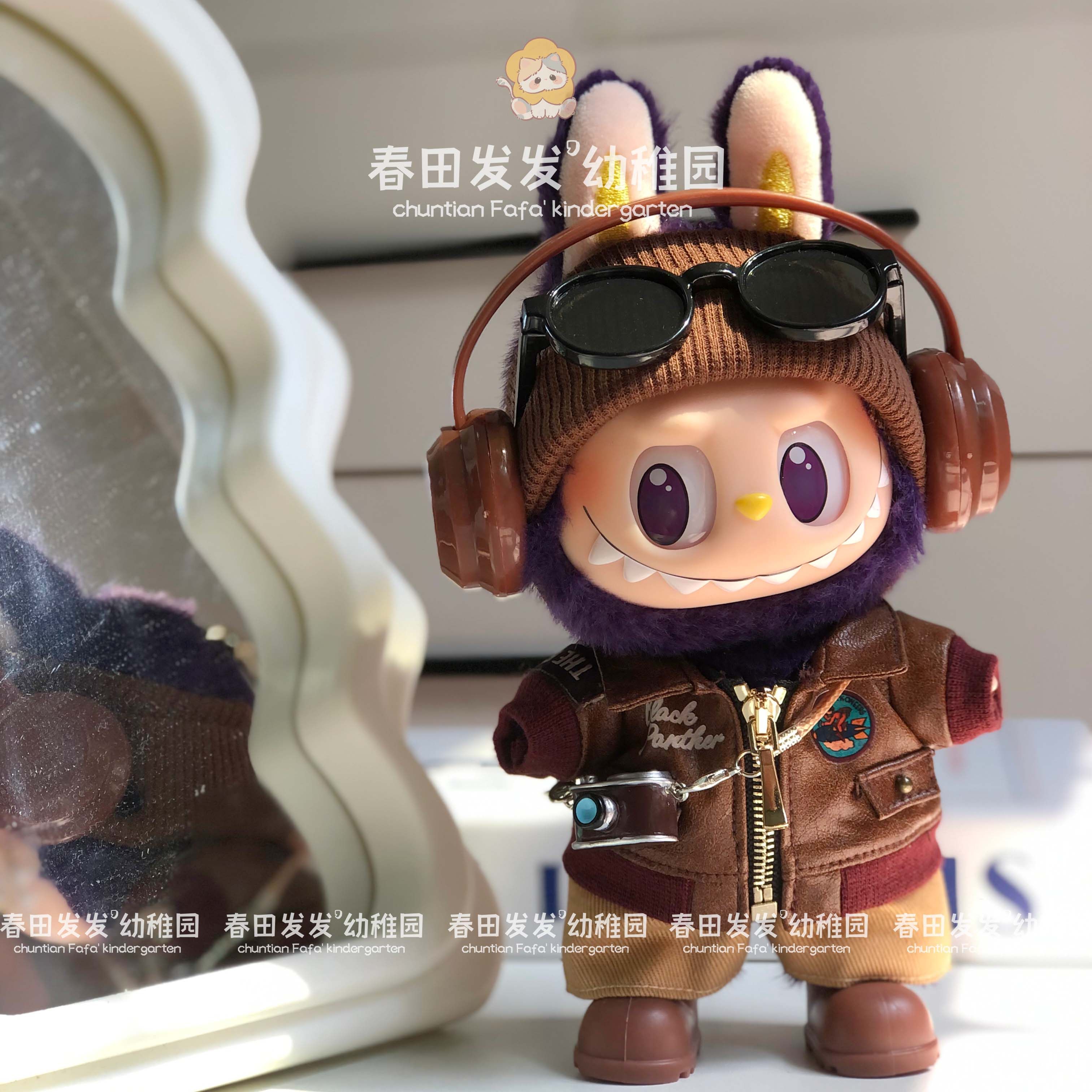 拉布布娃衣潮酷套装一二三代搪胶挂件labubu复古皮衣耳机换装配饰 - 图0