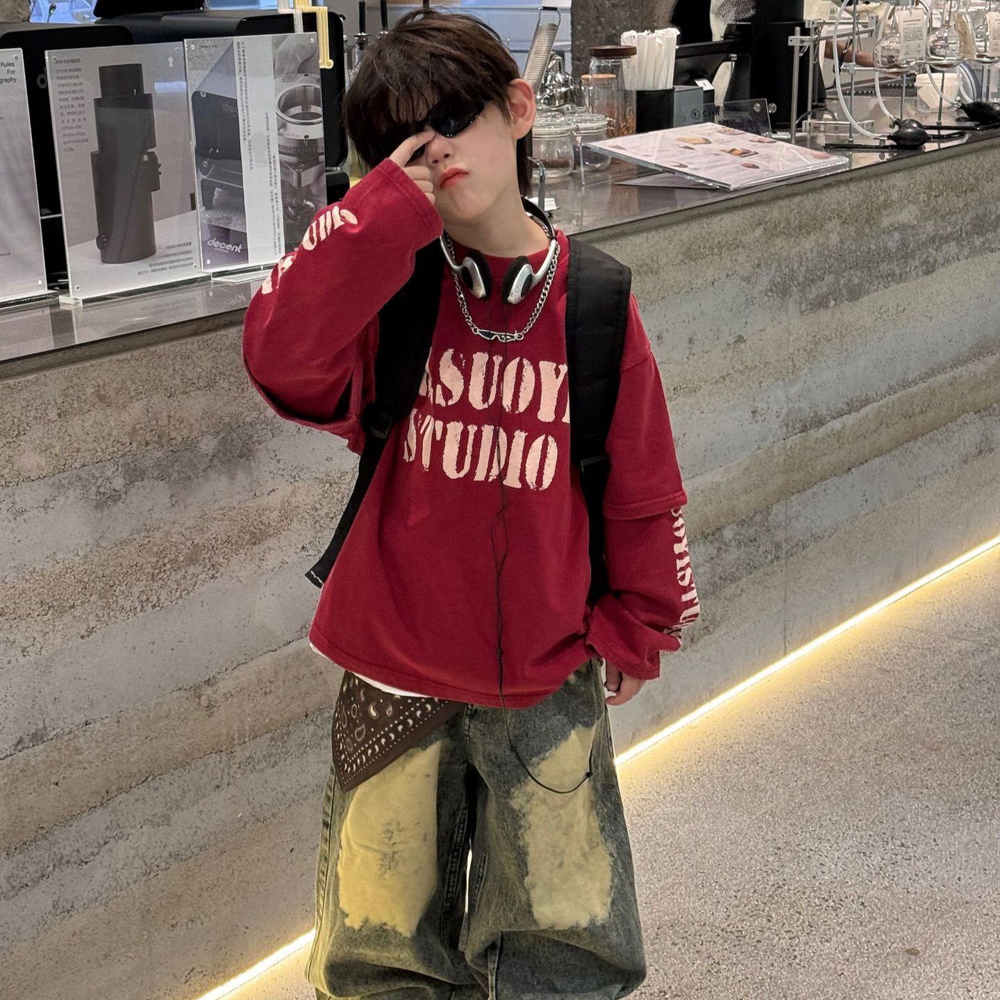 貌貌妈家2025秋季新款儿童美式T恤男女童假2件卫衣字母休闲打底衫,淘宝优惠券,粉丝福利购,淘宝优惠卷