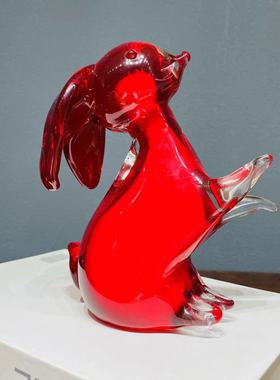 淄博琉璃红色兔子大张宏兔摆件艺术品礼品琉璃动物