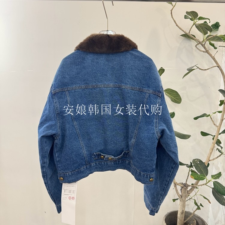 安娘韩国代购PH23女装2025冬季新款水貂毛领单排扣白鹅绒牛仔外套 - 图3
