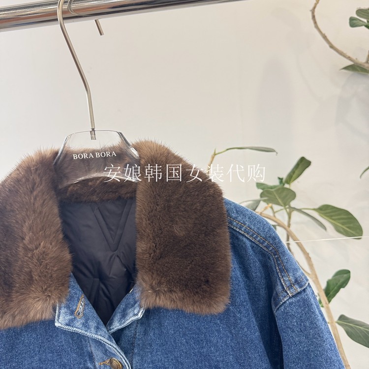 安娘韩国代购PH23女装2025冬季新款水貂毛领单排扣白鹅绒牛仔外套 - 图2