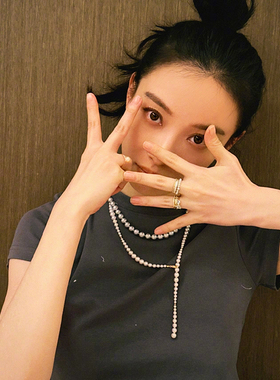 金町倪妮同款长款渐变珍珠项链女款纯银叠戴高级感毛衣链秋冬配饰