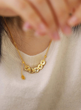 金町碎碎冰五帝币招财项链女纯银福字新中式爆闪五帝钱精致锁骨链