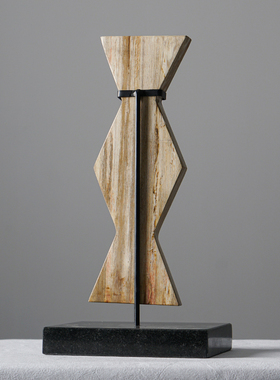 现代简约样板间书房书柜几何高级感天然木化石软装饰品石头小摆件