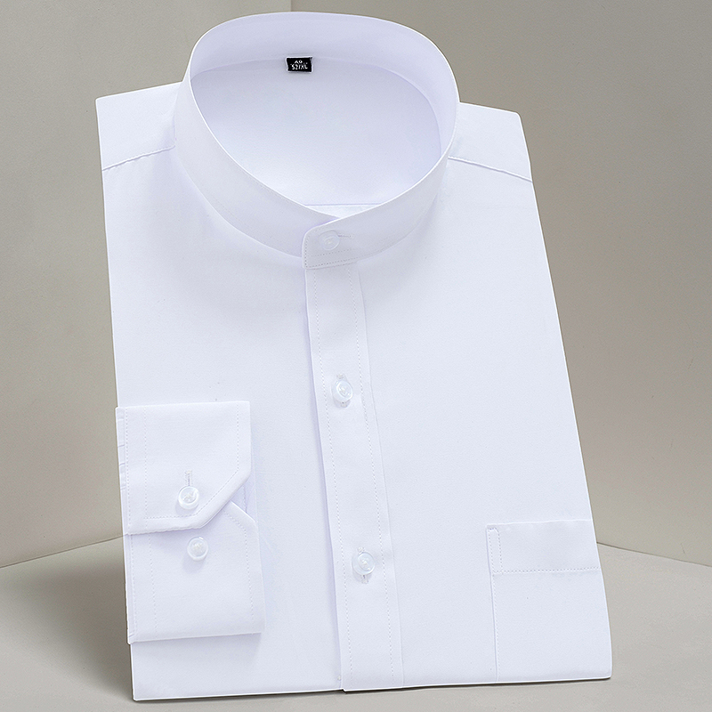 中华立领衬衫男长袖白色商务免烫中山装正装男士圆领白衬衣中国风 - 图0