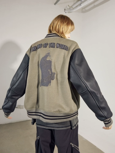 [UNKNOWNWORLD FW21牛皮袖/毛呢袖重磅灰绿羊毛呢毛巾绣棒球服夹克]