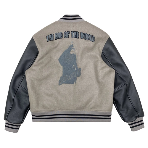 [UNKNOWNWORLD FW21牛皮袖/毛呢袖重磅灰绿羊毛呢毛巾绣棒球服夹克]