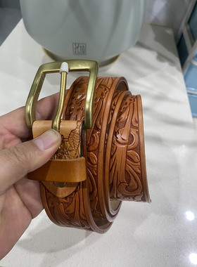 手工复古个性压花头层纯牛皮皮带男款真皮铜扣腰带男士加厚两面用