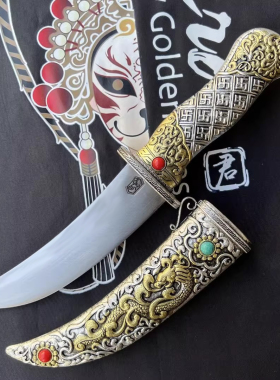 藏族饰品纯手工一体藏式风格龙凤短刀小剑收藏工艺品摆件未开刃