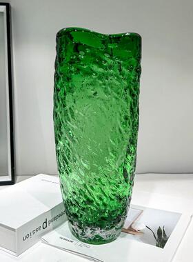 北欧轻奢绿色高级感花瓣口手工琉璃花瓶客厅玻璃花器插鲜花餐桌
