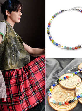 邓为同款琉璃花雏菊十字花项链颈圈锁骨链潮流男女杂志饰品DW