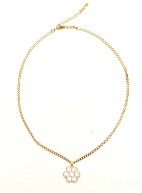 朴宰范同款贝壳珍珠黑玛瑙花朵吊坠金色项链圈套装潮 PAPK