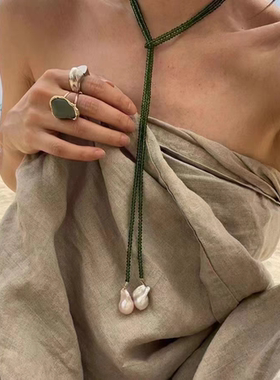 小众设计巴洛克珍珠长项链多层黑水晶系绳高级感潮锁骨链潮人同款