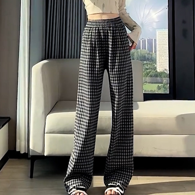 格子阔腿裤女春季2026新款高腰显瘦简约显瘦宽松休闲窄版直筒裤,淘宝优惠券,粉丝福利购,淘宝优惠卷