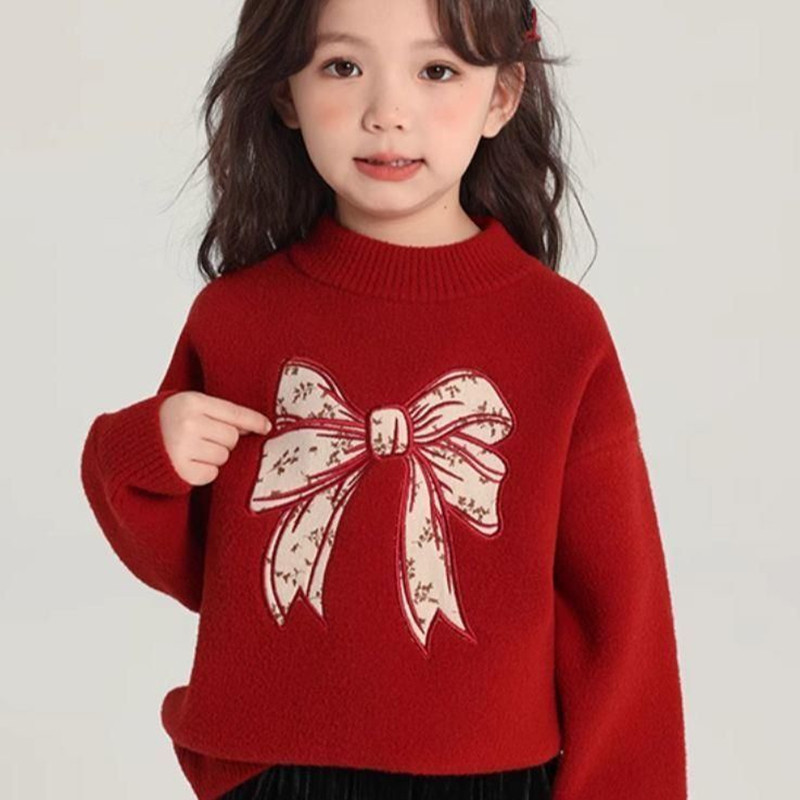 女童冬装红色针织毛衣儿童新年拜年服毛呢加绒格子阔腿裤洋气套装,淘宝优惠券,粉丝福利购,淘宝优惠卷