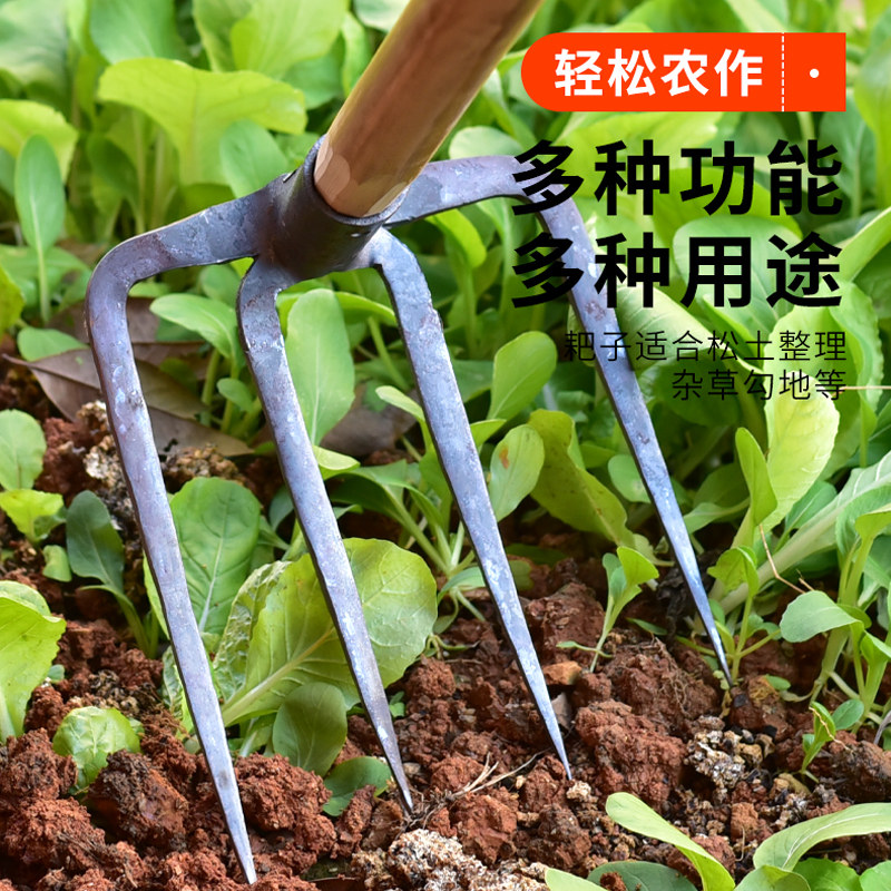 三齿钉耙手工锻打耙子农具铁耙农用四齿耙头除草工具四齿锄头松土_虎窝淘