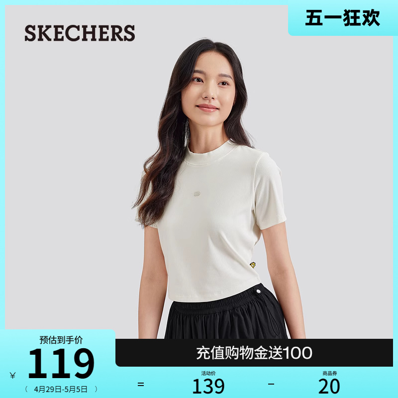 Skechers斯凯奇2024年夏季新款女款短袖圆领碳黑色舒适修身T恤 - 图0