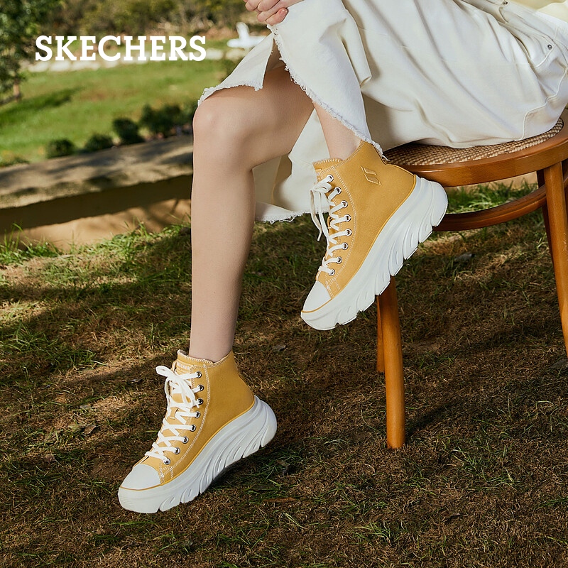 Skechers斯凯奇夏季女鞋高帮厚底休闲鞋高回弹软底简约百搭帆布鞋