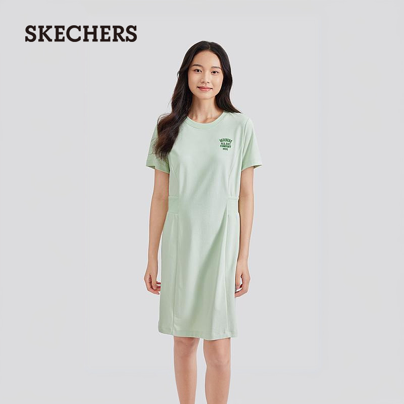 Skechers斯凯奇2024年夏季新款女士圆领针织连衣裙收腰休闲风短裙