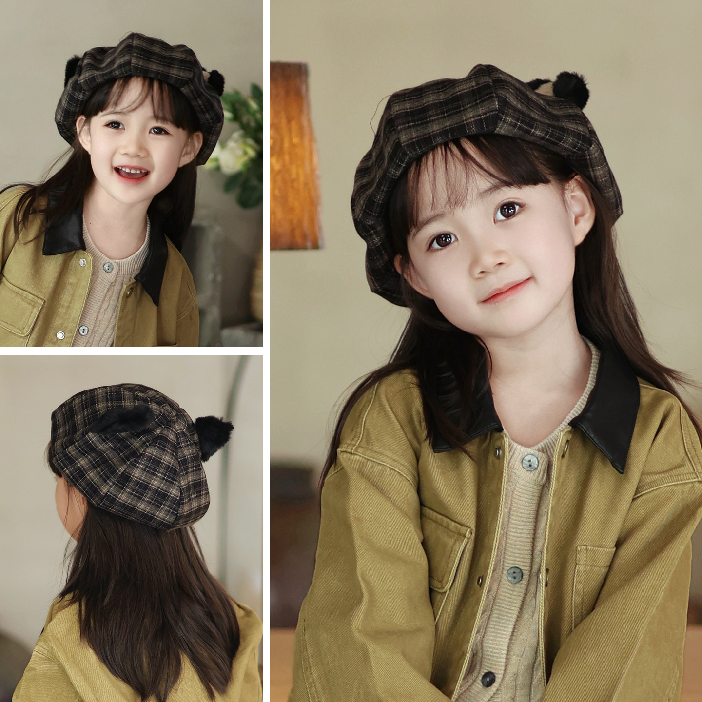 儿童帽子春秋女童贝雷帽可爱猫耳朵八角帽洋气复古格子男童画家帽,淘宝优惠券,粉丝福利购,淘宝优惠卷