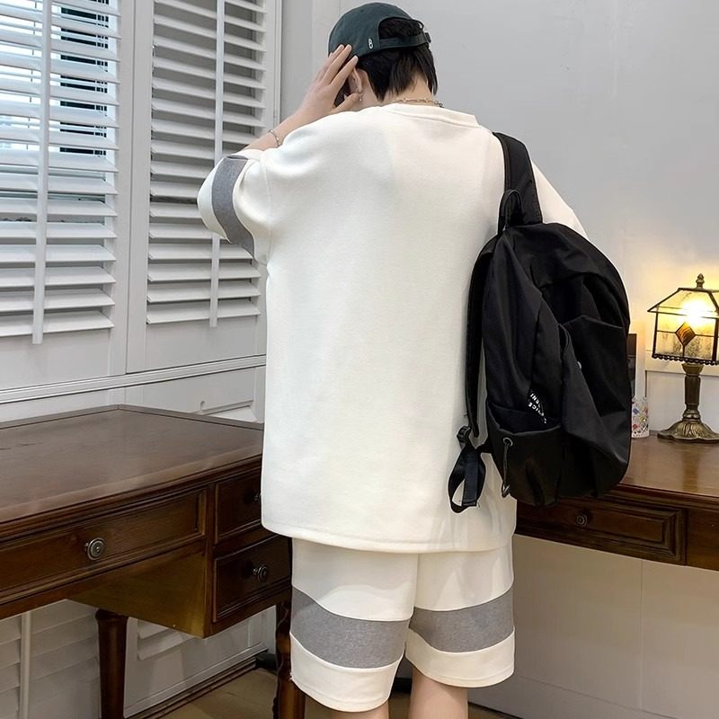 夏季休闲套装男学生华夫格短袖t恤大码青少年潮流宽松运动五分裤,淘宝优惠券,粉丝福利购,淘宝优惠卷