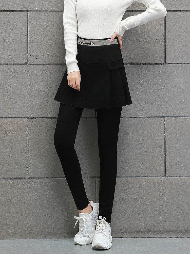 假两件裙2021秋冬条纹字母打底裤 紫碧萝打底裤