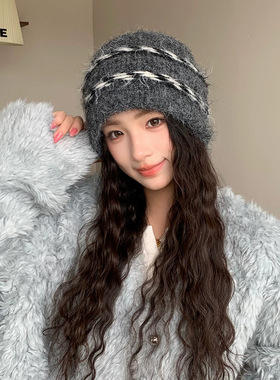 韩系拼色条纹针织帽女冬季保暖显