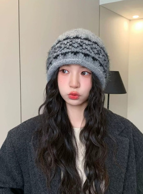 卷边费尔岛复古针织帽女秋冬季显