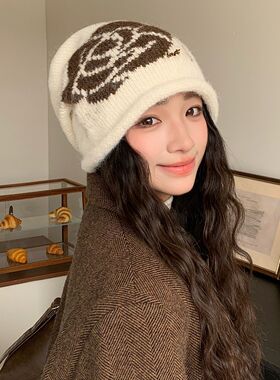 新款提花抽绳堆堆帽女秋冬新款百