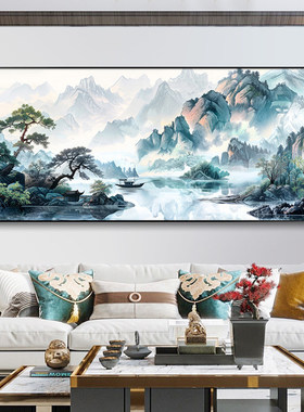 挂画客厅办公室靠山山水画装饰画迎客松客厅中式新图风景横幅壁画