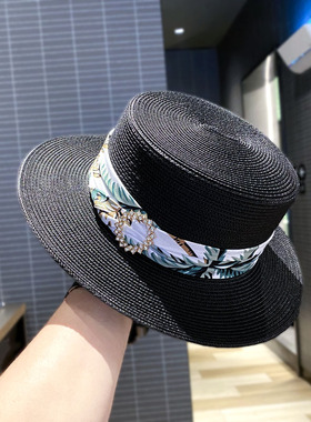 韩版时尚遮阳平顶草帽女夏天气质